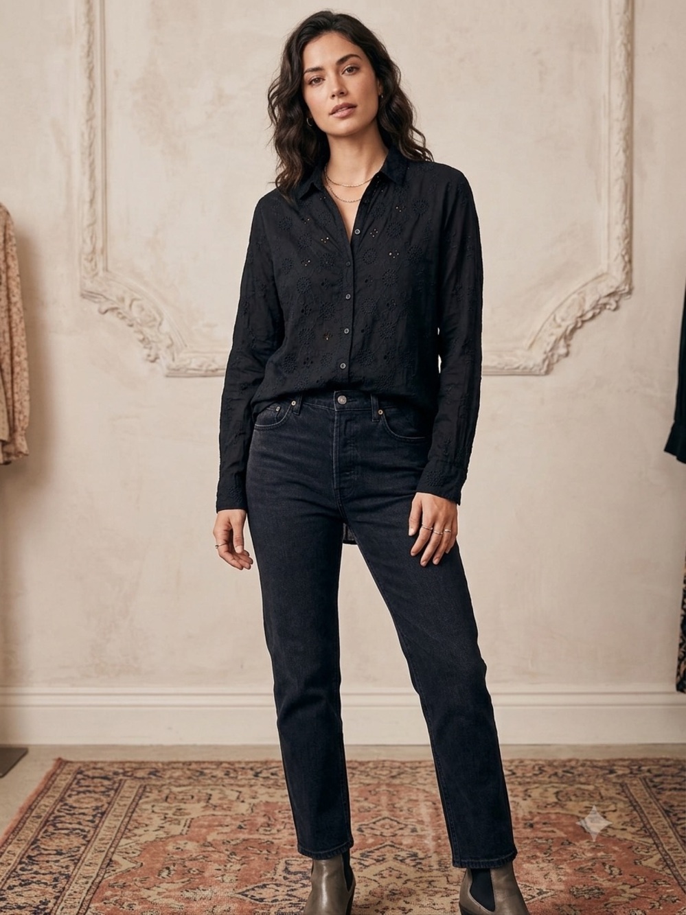 Johnny Was eyelet blouse Women's black button up